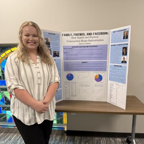 Baylor Sociology major, Jessica Eskew, smiles next to poster showcasing her senior research project.